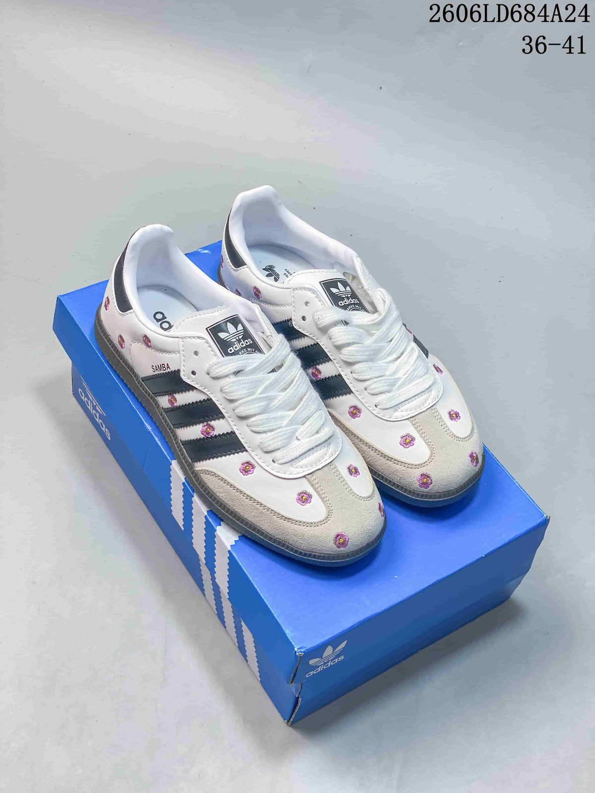 Three Adidas Samba floral sneaker colorways shown from the side.