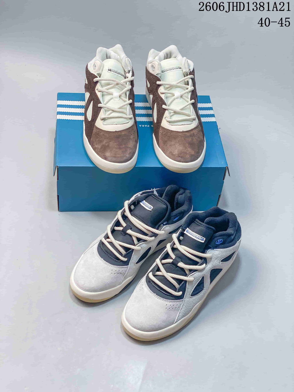 Both taupe and gray colorways of Badbo 1.0 sneakers shown together