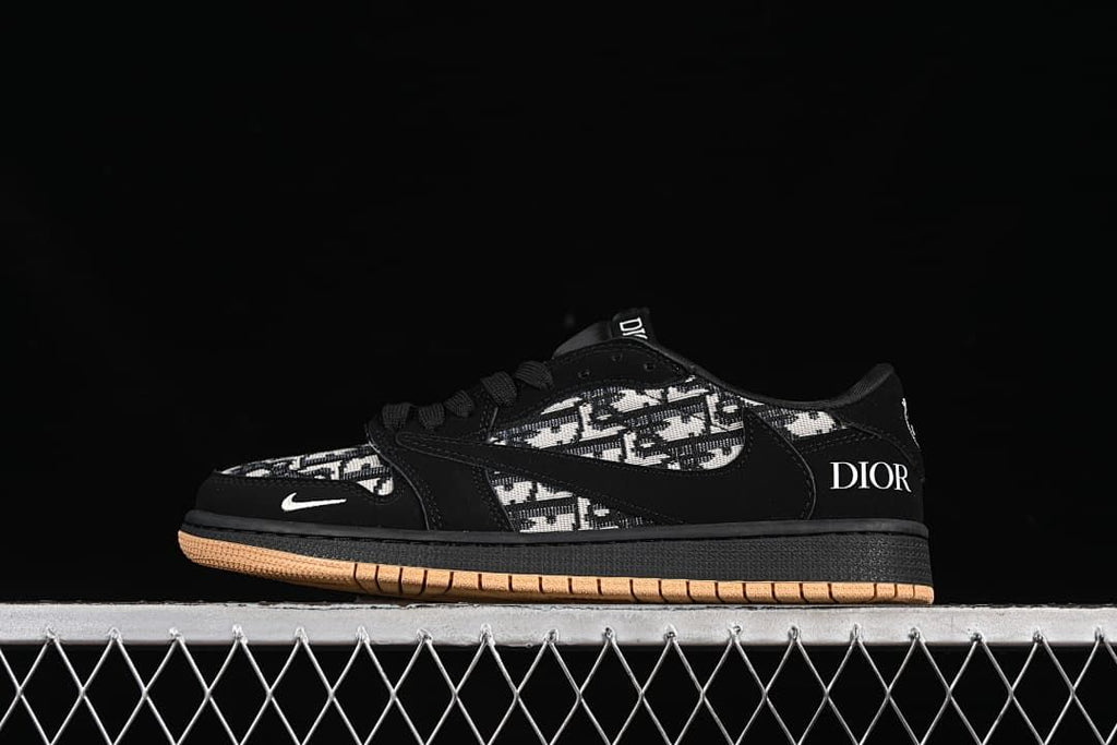 Side view of a black patterned low-top sneaker with a Swoosh, Dior lettering, and gum-colored outsole