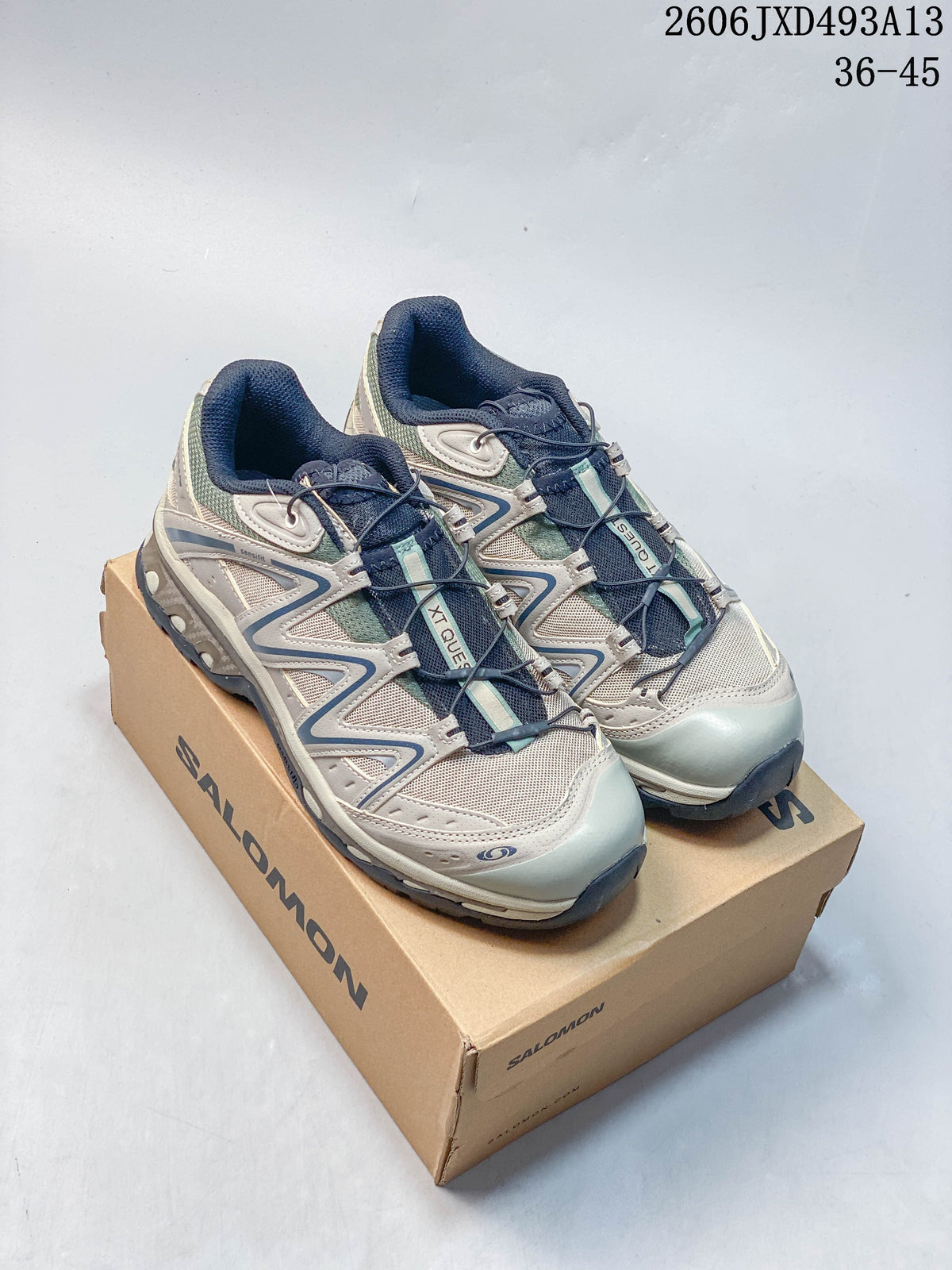 Pair of sand-gray Salomon low-top shoes with pale green and navy details, shown on a branded box.