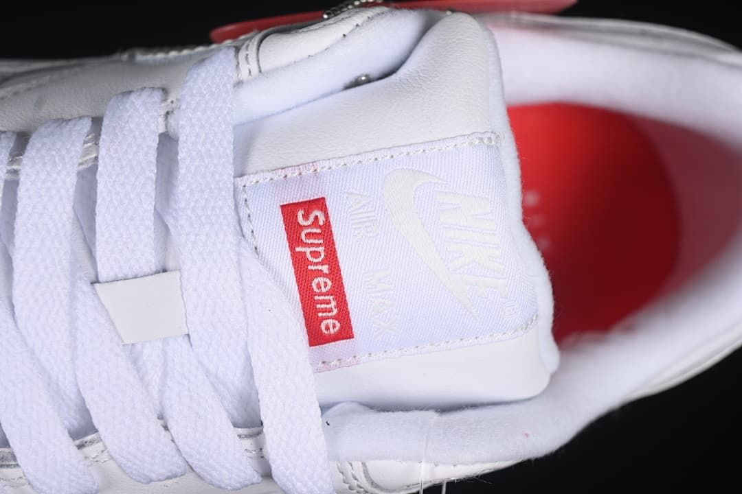 Close-up of the tongue label and white laces