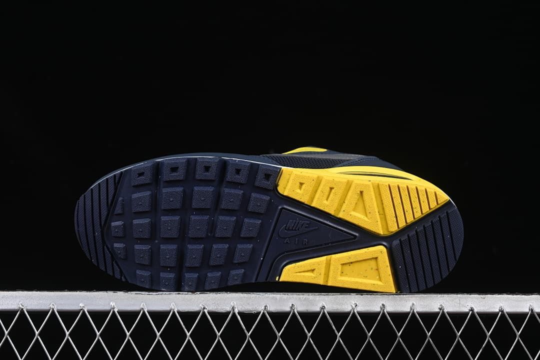 Underside view showing the navy and yellow patterned outsoles.