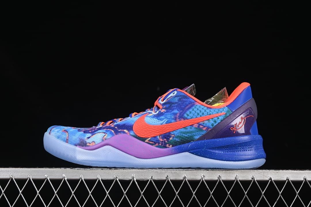Side view of blue multicolor Nike Kobe 8 Protro basketball shoe with orange Swoosh