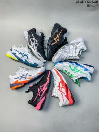 Six ASICS SKY ELITE FF 3 colorways arranged around a central point, including white, navy, black, pink, orange, green, and teal accents.