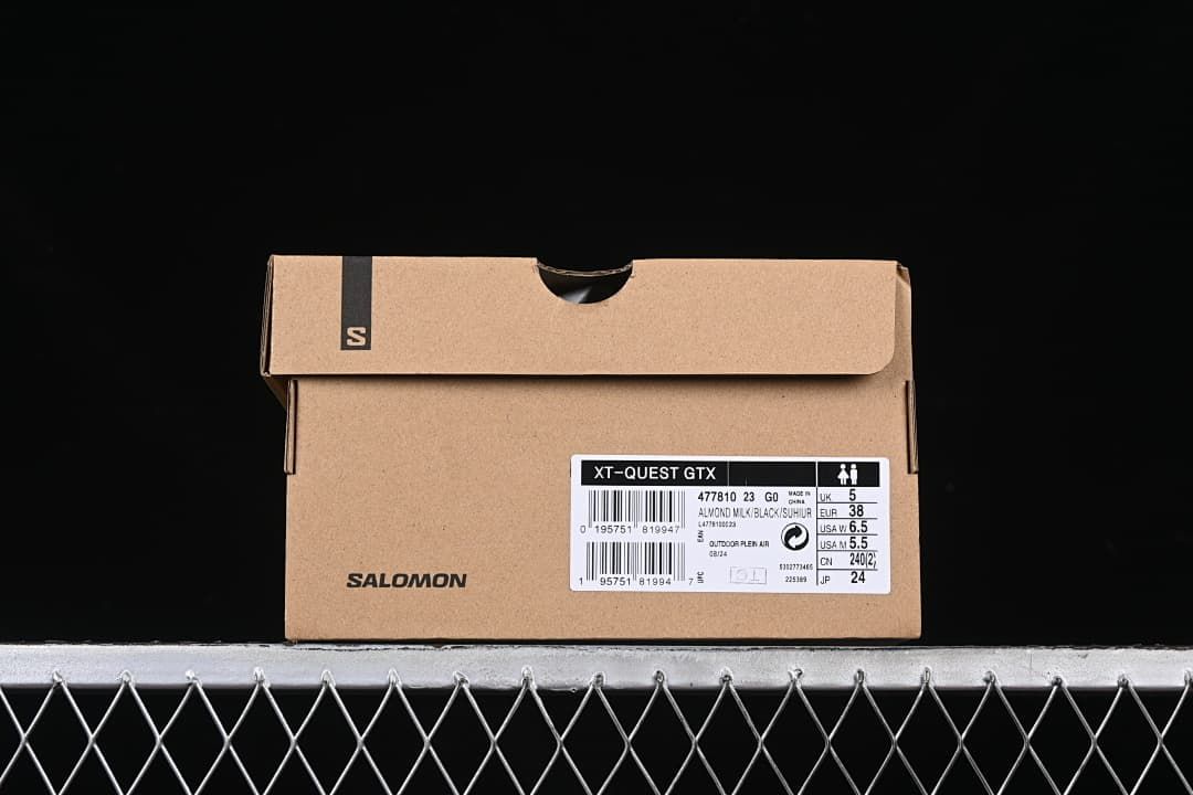 Shoe box label showing XT-Quest GTX, color description, and EU 38.