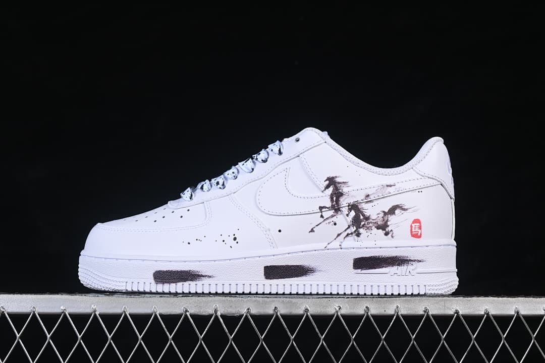 Side profile showing the white sneaker’s horse illustration, red seal motif and ink-style midsole marks