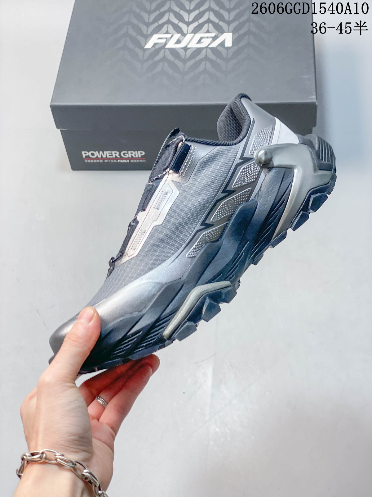 Side view of a gray and dark navy KAILAS FUGA DU2 BOA trail shoe.