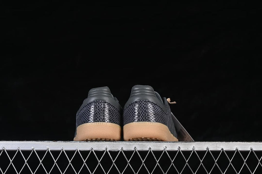 Rear view of both sneakers showing the patterned heels and gum-colored soles