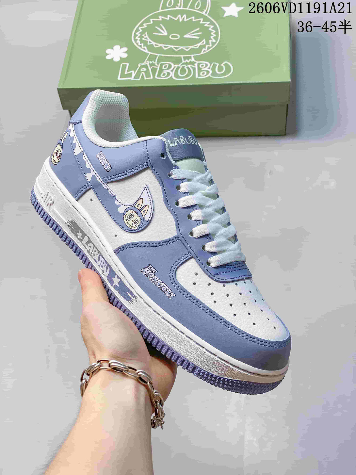 Light blue and white low-top sneakers with LABUBU graphics beside a green LABUBU shoe box; image text shows a size range of 36–45.5.