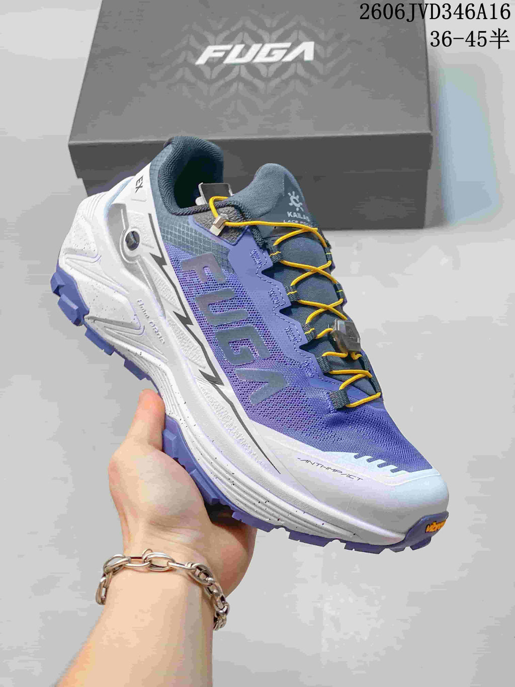 Angled side view of a purple Kailas FUGA EX3 trail running shoe