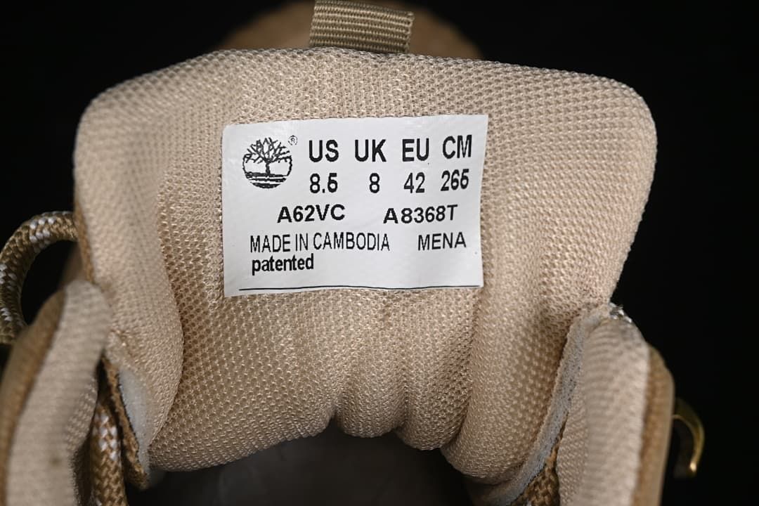 Tongue label showing Timberland branding, style A8368T, and the photographed sample size.