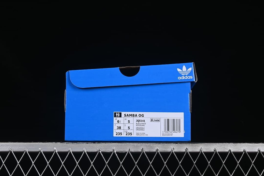 Blue adidas shoe box with a label identifying the Samba OG and model JQ5141