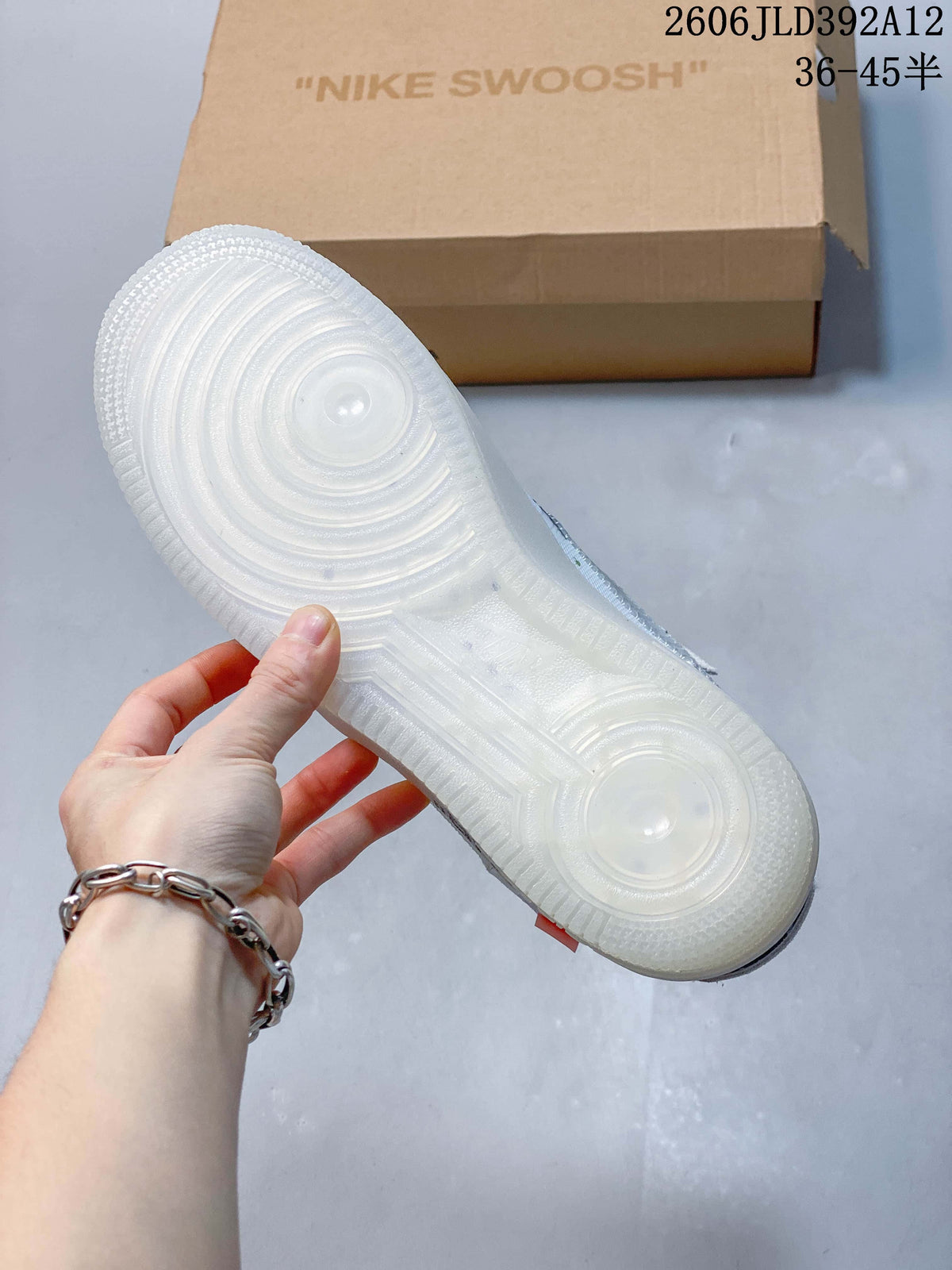 View of the translucent-looking outsole of a white low-top sneaker
