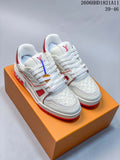 White and red Louis Vuitton Trainer-style low-top sneakers shown from above, with size range 39–46 printed in the image.