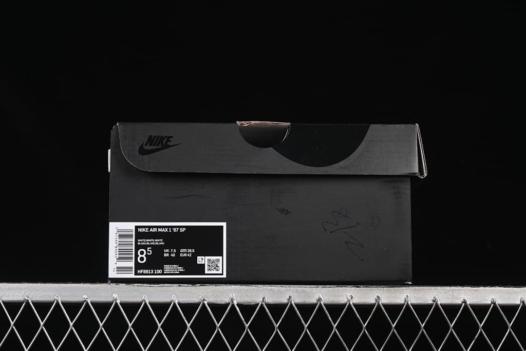 Shoe box label identifying Nike Air Max 1 '87 SP, HF8813 100, and sample size US men's 8.5