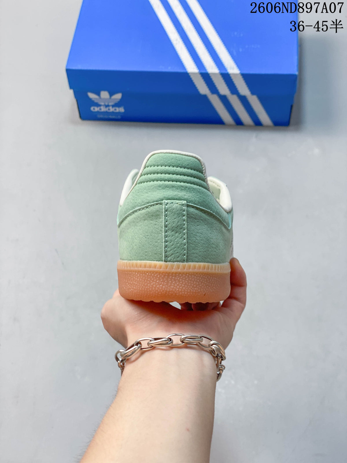 Rear view of the mint green adidas Samba sneaker