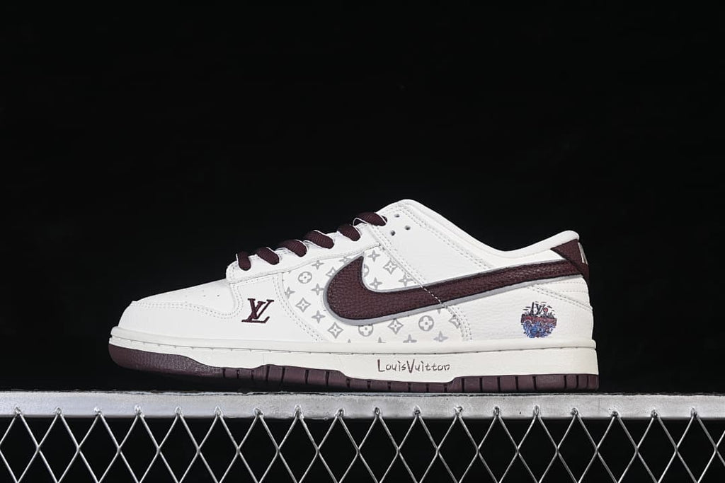 Side view of a white low-top sneaker with burgundy accents, a burgundy Swoosh, and gray patterned side panel.