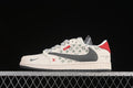 Side view of off-white low-top sneakers with a gray Swoosh, green patterned panels, and red heel accent.