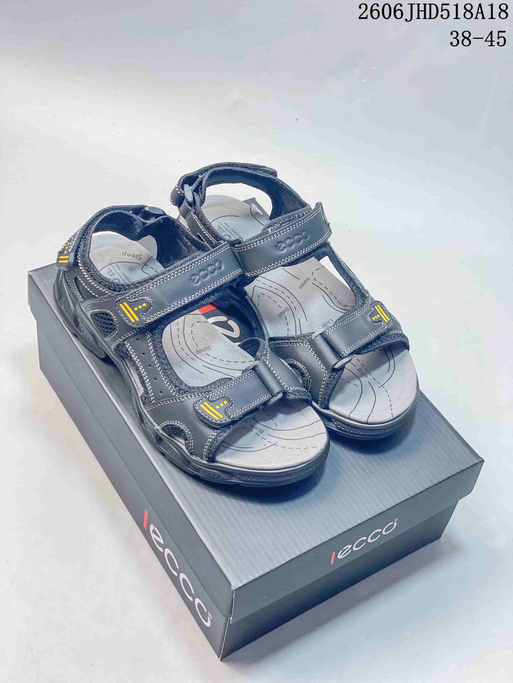 Pair of gray ECCO sandals with adjustable straps, displayed on a shoe box