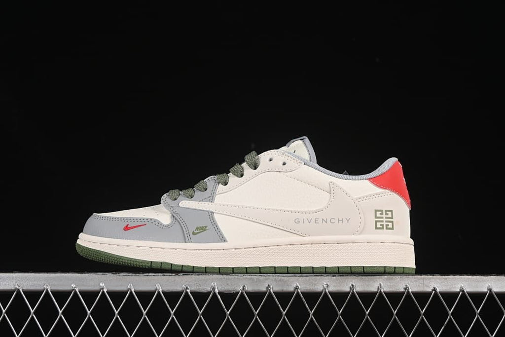 Side view of an off-white and grey low-top sneaker with dark green outsole and red heel accent