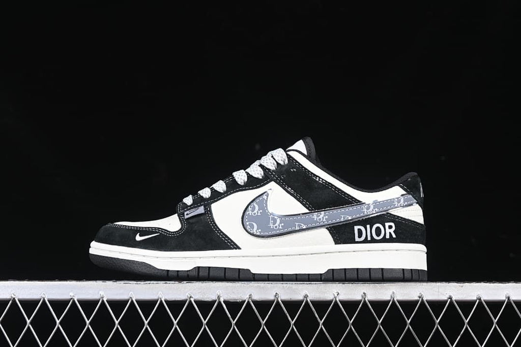 Side profile of black and white low-top sneakers with a gray patterned swoosh and contrasting branding.