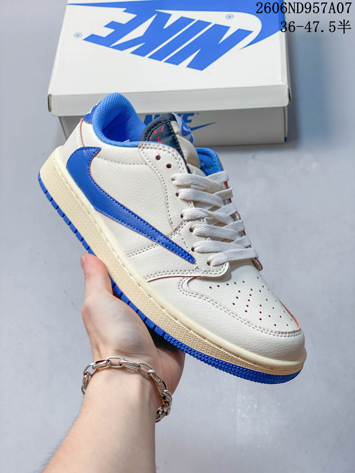 Angled side view of an off-white and blue low-top sneaker