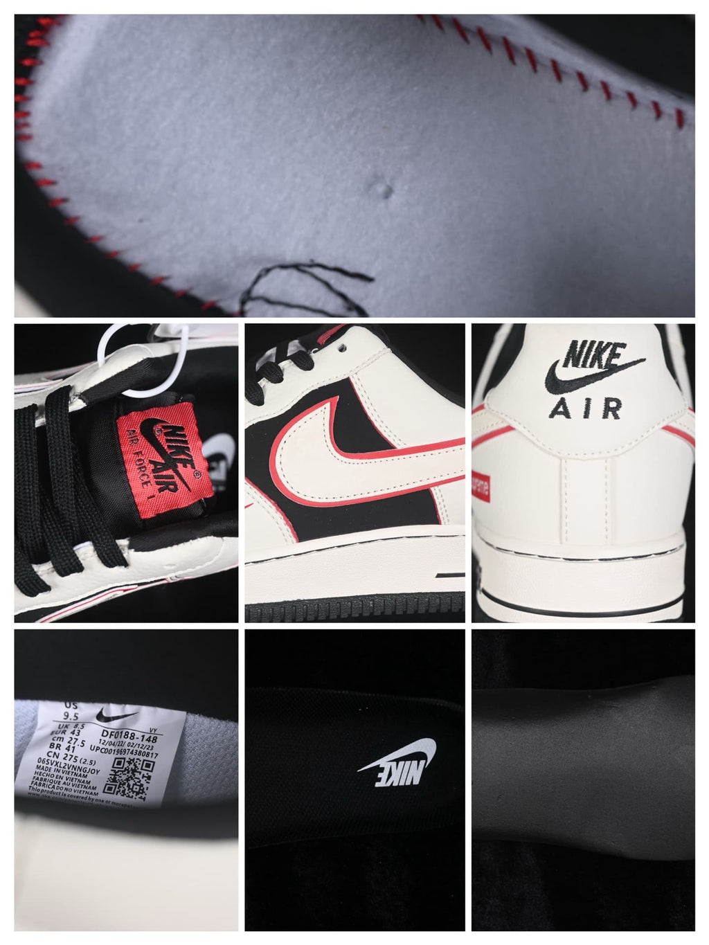 Detail collage showing the tongue label, Swoosh, heel branding, outsole, insole mark and size label.