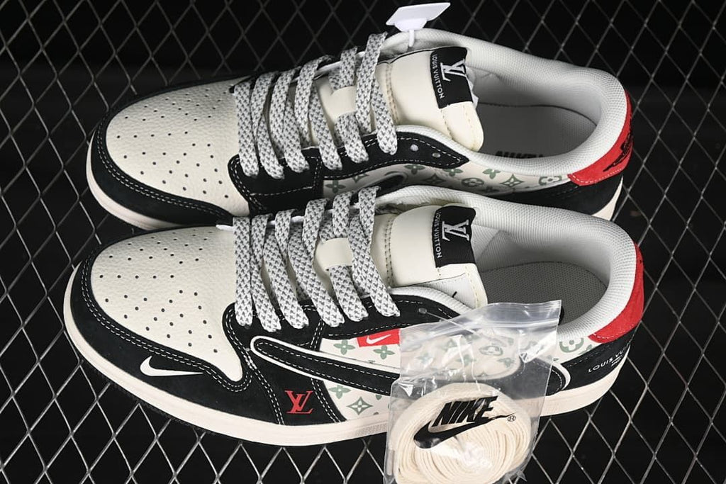 Top view of a pair of patterned low-top sneakers with patterned laces and an additional light-colored lace set