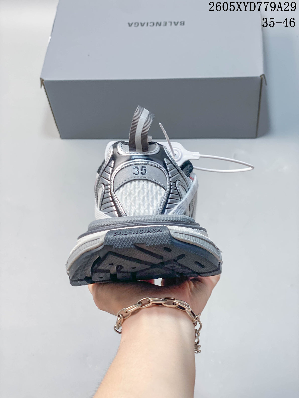 Rear view of a Balenciaga Phantom sneaker showing the heel and outsole.