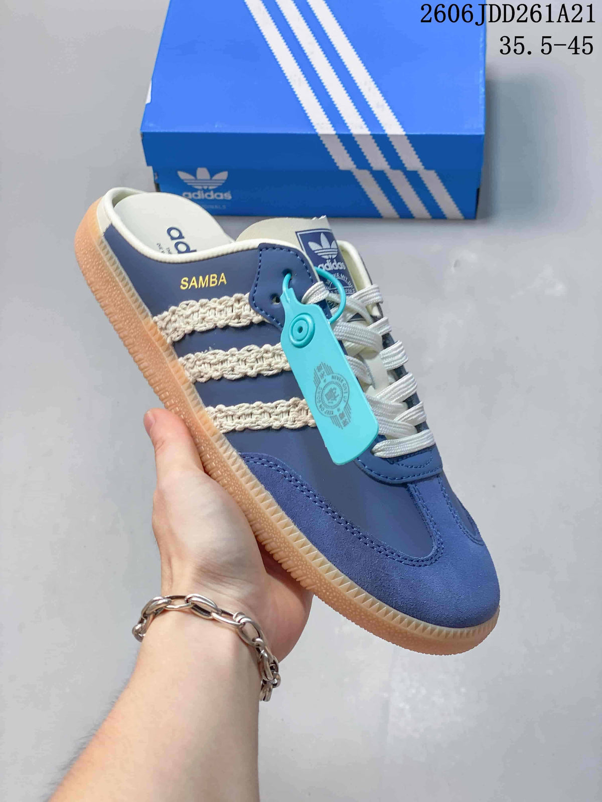 Angled side view showing the open heel, Samba marking, and gum outsole