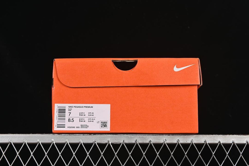 Orange shoe box label for Nike Pegasus Premium in black, style HQ2592-005.
