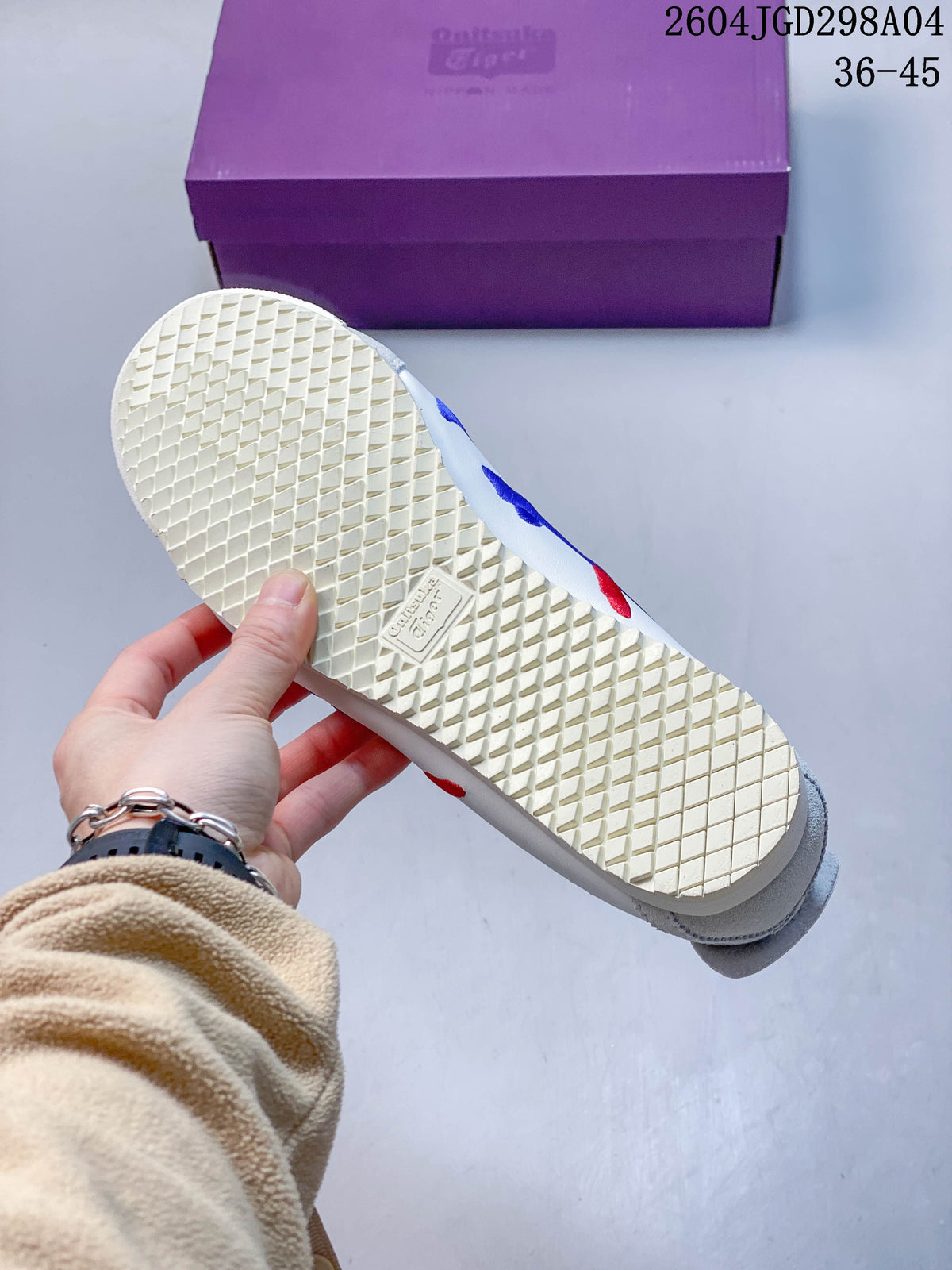 Textured off-white outsole of an Onitsuka Tiger sneaker