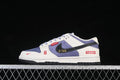 Side view of a blue, white, and black low-top sneaker with red Supreme-branded details.