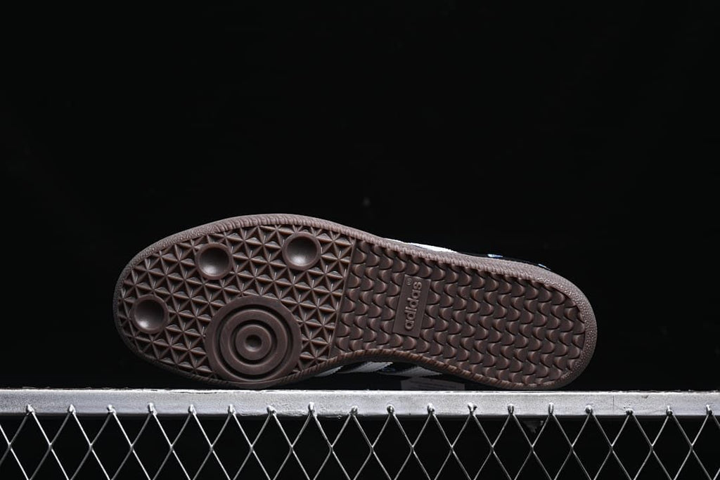 Underside view of the dark textured outsole