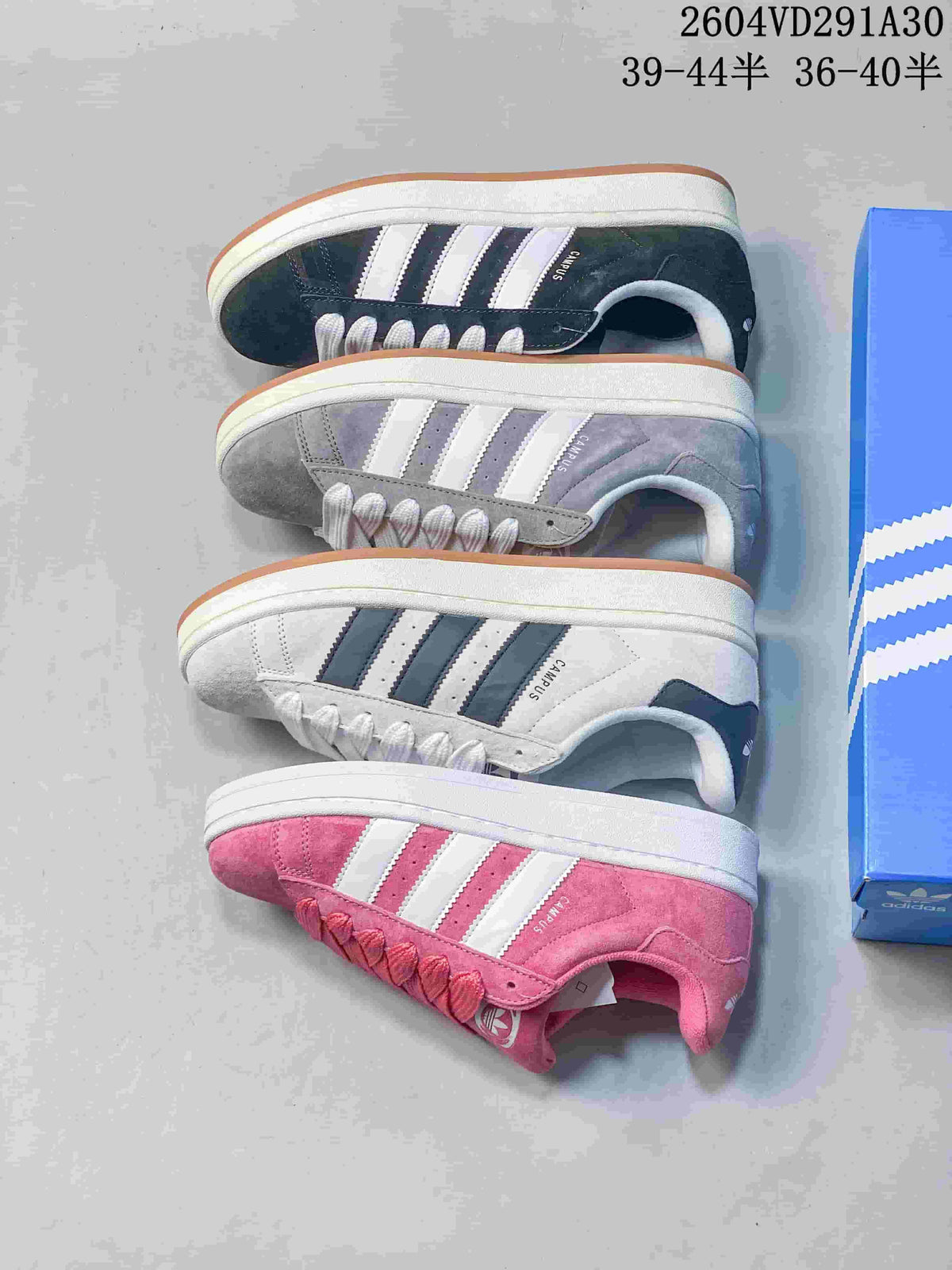 Adidas Campus sneakers shown in pink, light grey, grey, and dark navy colorways.