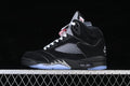 Side view of a black Air Jordan 5 high-top sneaker with white laces, gray panels, and icy blue outsole accents