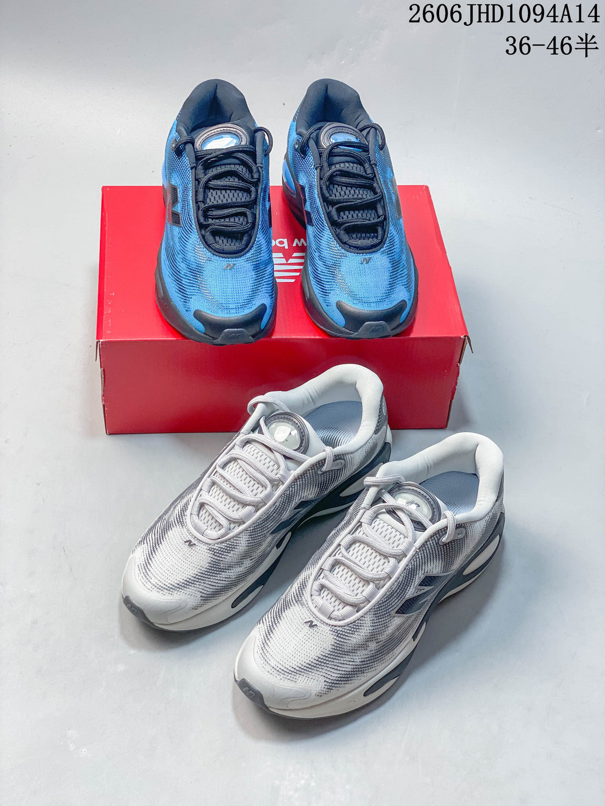 Blue and light gray New Balance AC Runner shoes shown together.