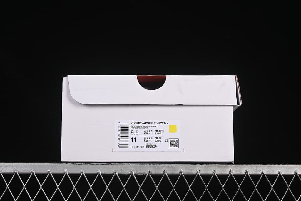 Shoe box label identifying ZoomX Vaporfly Next% 4 and sample size