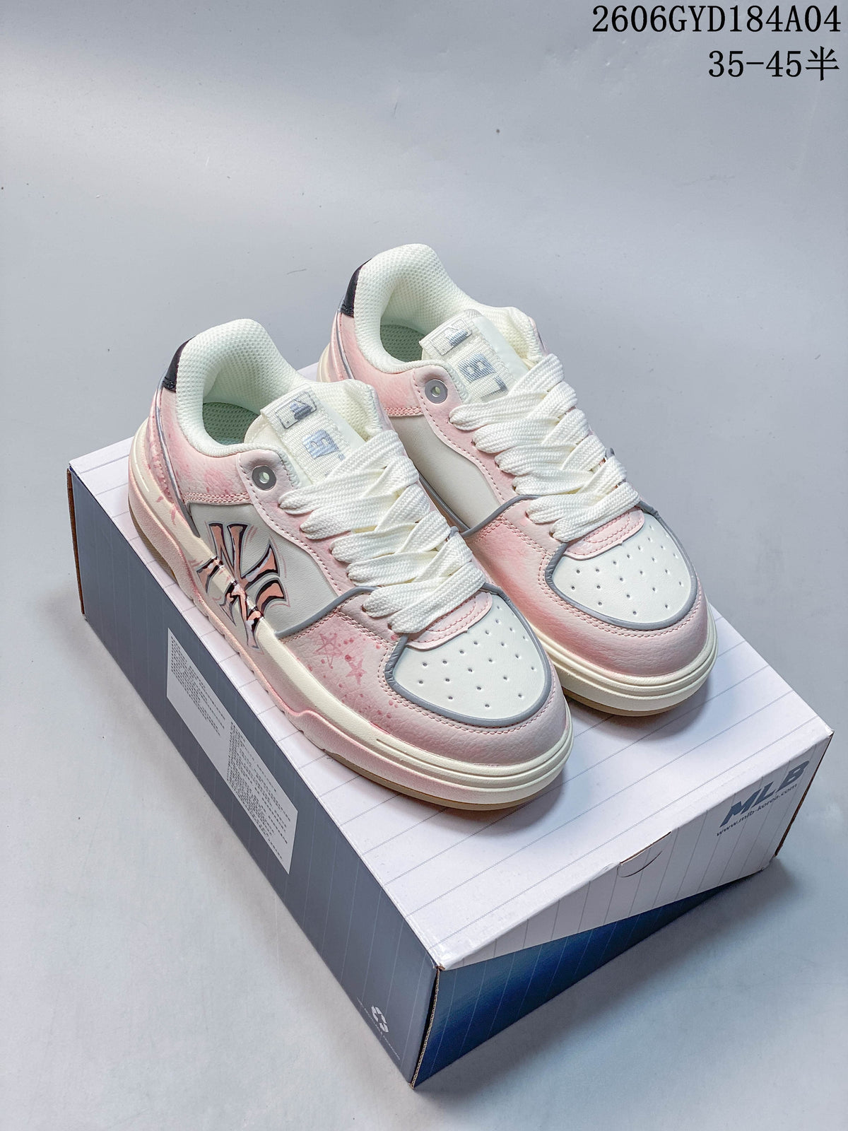 Pair of pink and white MLB Chunky Liner Basic sneakers shown on the box