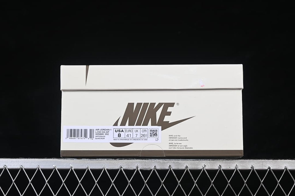 Shoebox label showing Air Jordan 1 Low OG SP, style code XZ6868-002, US 8, EU 41, UK 7, and 26 cm.