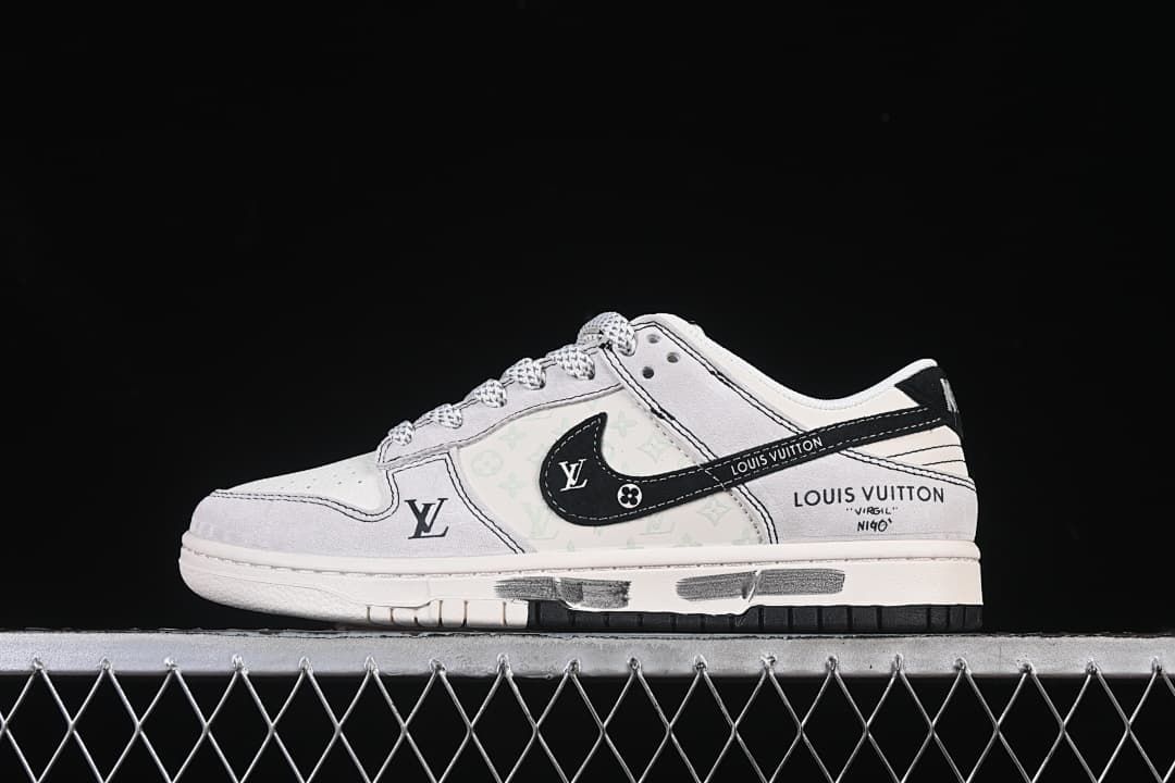 Side view of white and pale gray low-top sneakers with patterned laces and black swoosh-shaped detailing