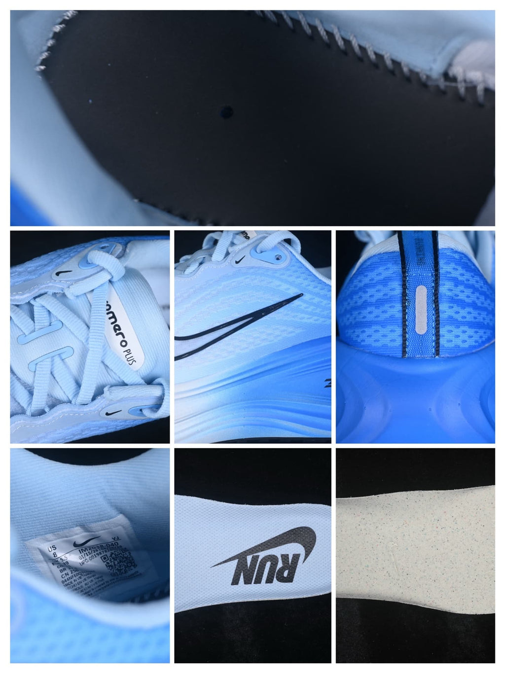 Detail collage showing the upper texture, Swoosh branding, heel panel, interior label, and outsole surface.