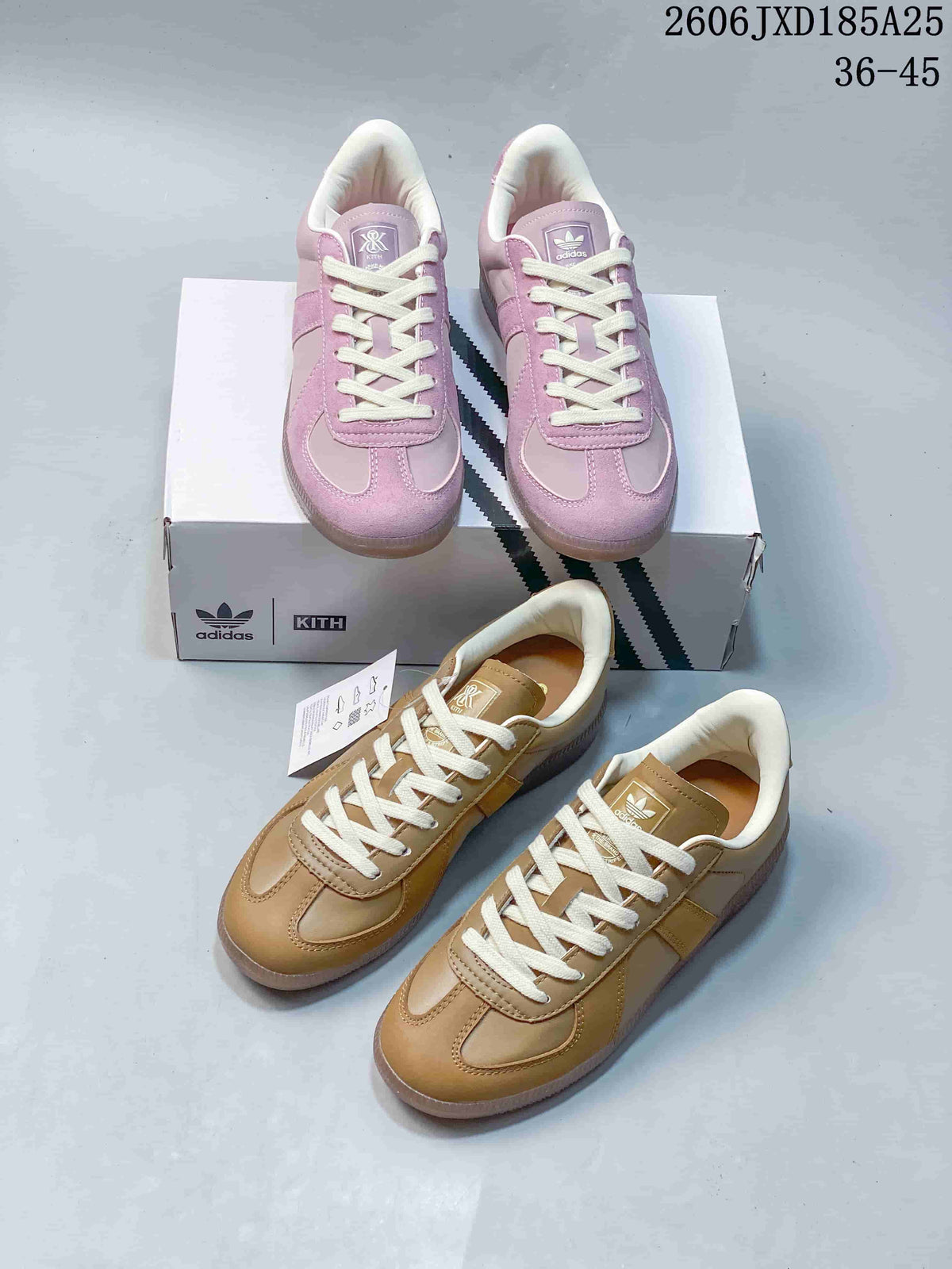 Pink and tan adidas BW Army sneakers displayed together.