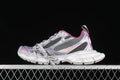 Side view of a grey, white and pink chunky low-top sneaker