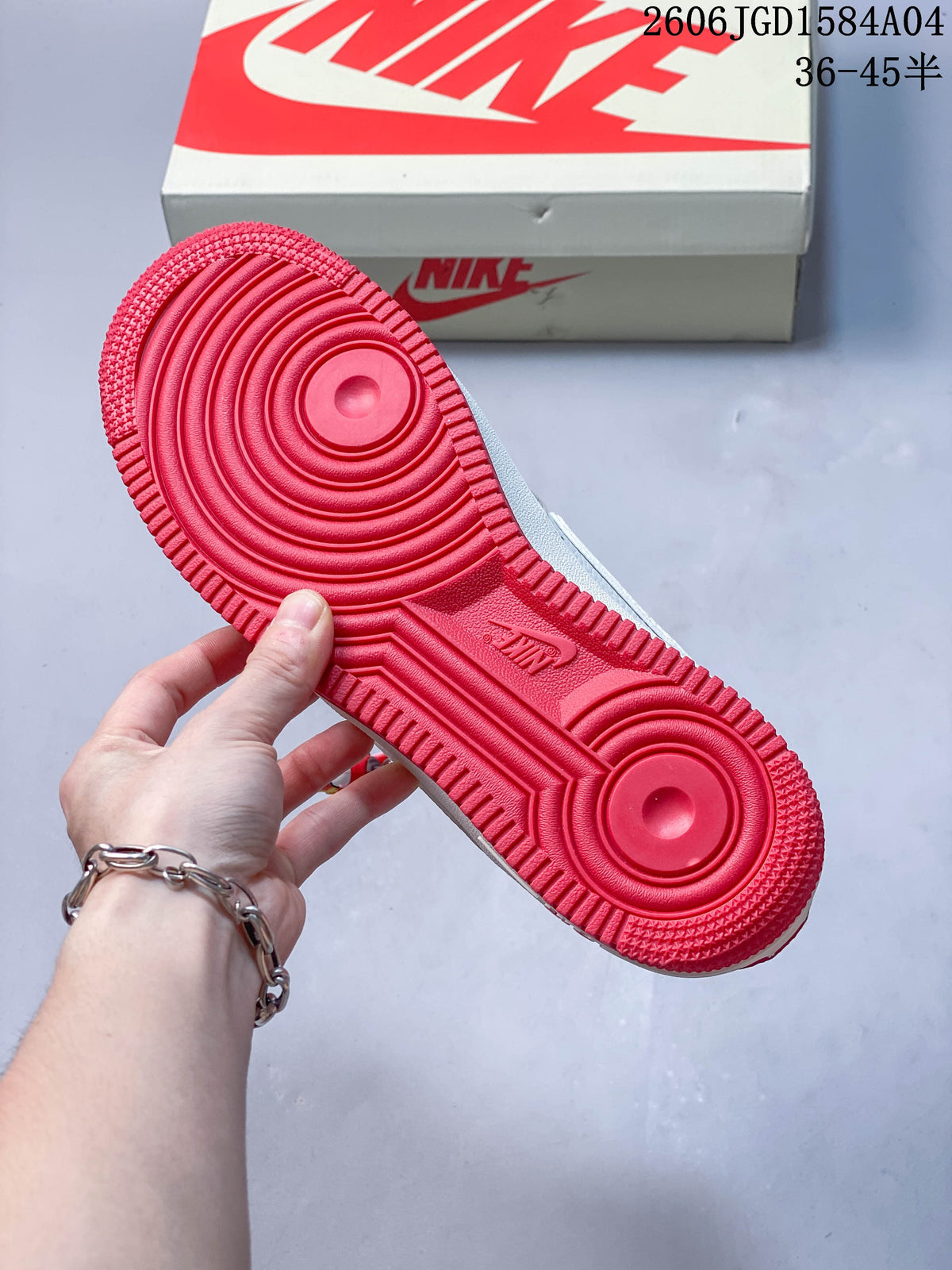 Close view of the bright red patterned outsole