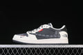 Side view of a dark gray and off-white low-top sneaker with patterned side graphics.