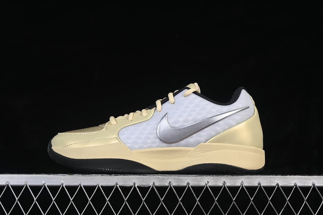 Side view of pale yellow, white, and silver Nike Ja 2 basketball shoe