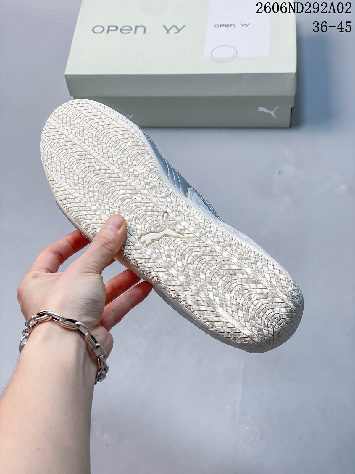 Close-up of the patterned outsole on a Puma Speedcat sneaker.