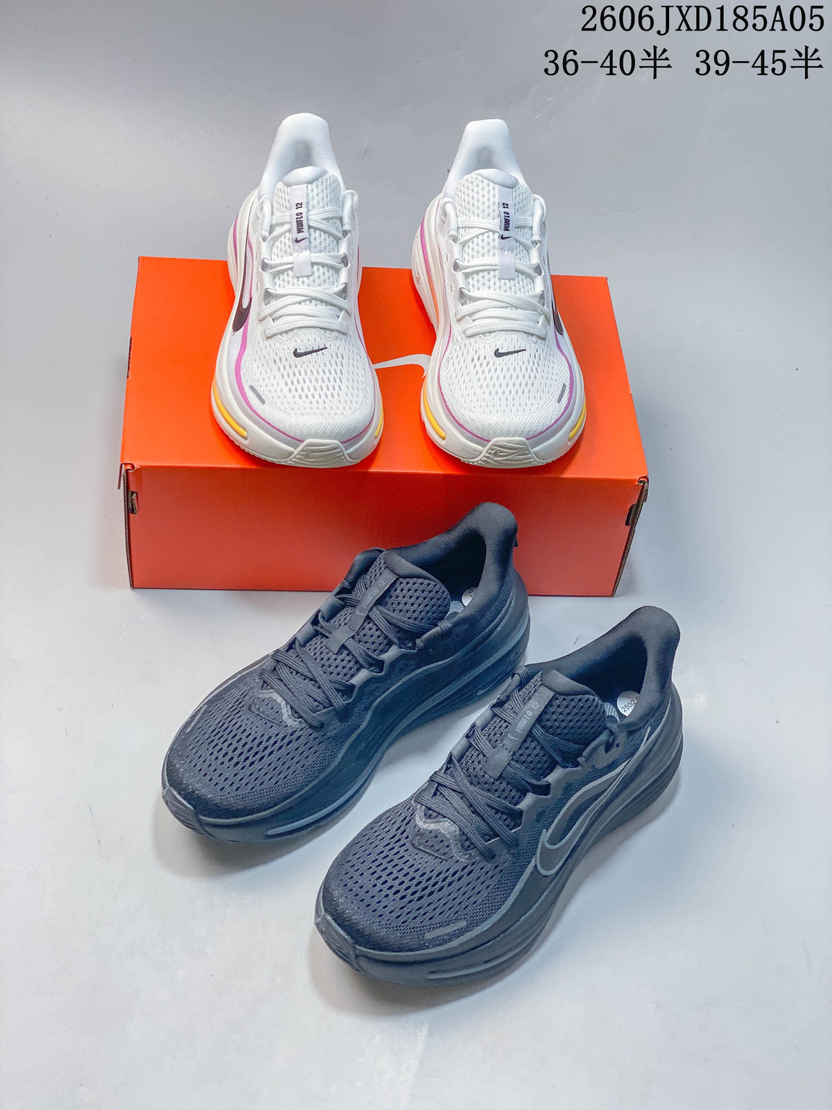 White and dark gray Nike Winflo 12 running shoe pairs shown together.