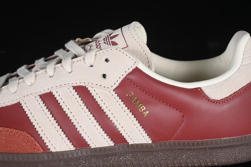 Close-up of the Samba lettering, cream stripes, and burgundy upper